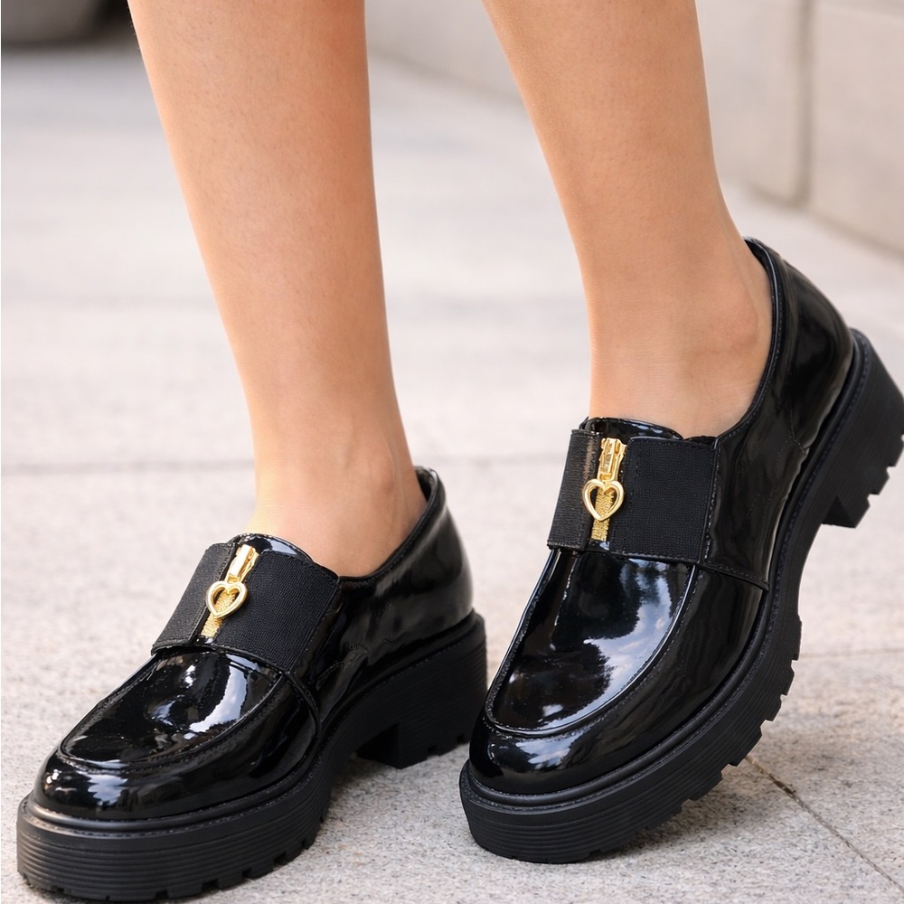 Wonder Nation Glossy Black Loafers with Gold Accent